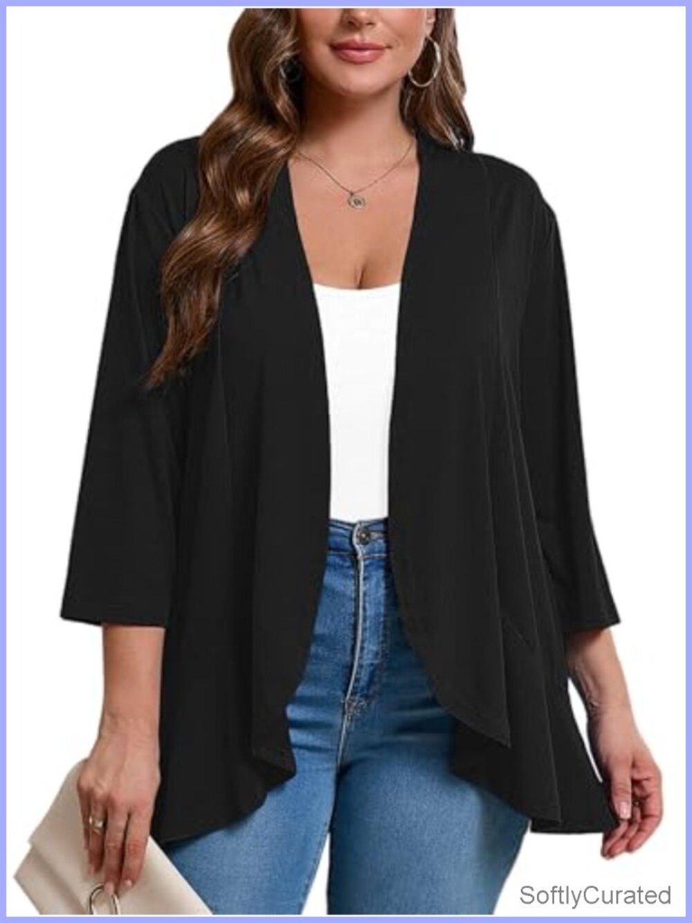Plus Size 3/4 Sleeve Open Front Ruffle Hem Cardigan Lightweight Summer Shrug